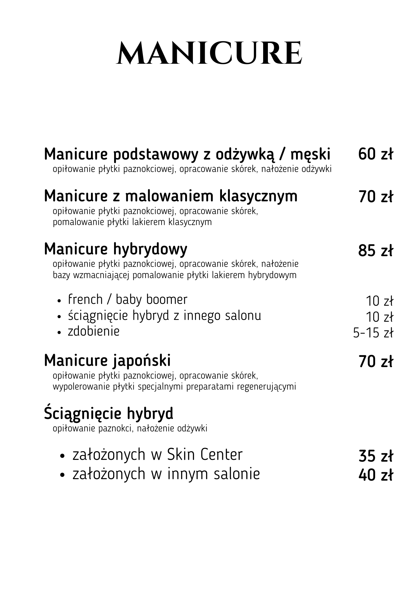 SKIN CENTER » Cennik